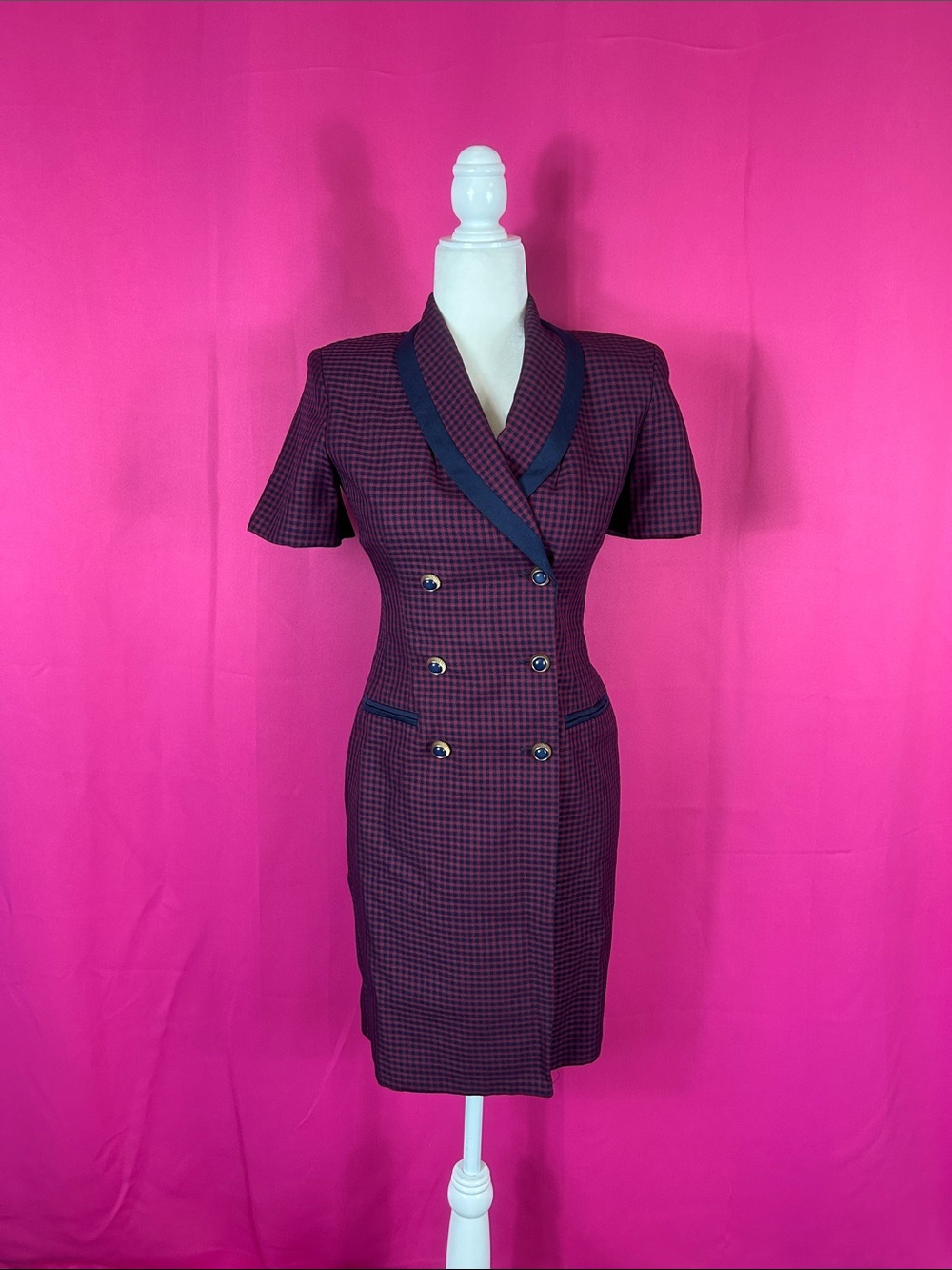 Vintage 80s 90s Petite Sophisticate burgandy checked sheath dress‎ 4P